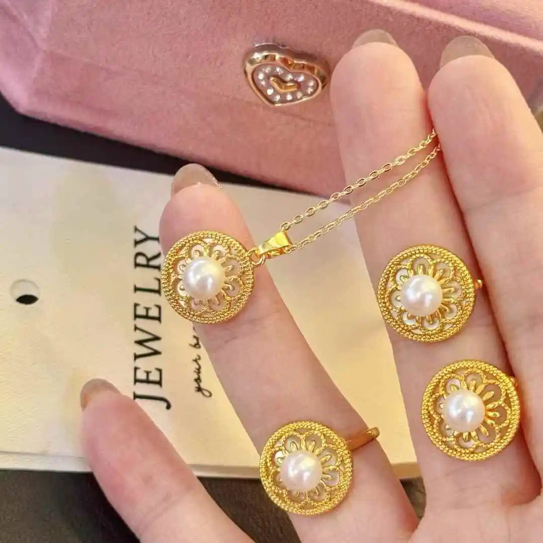 Beautiful 6-7mm Natural White Freshwater Pearl Necklace Earrings Ring Set Gold Plated Vintage Natural Shell Inlaid