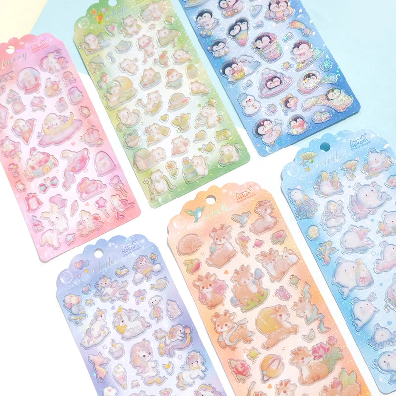 Nekoni Glitter Crystal Stickers Animal Waterproof Stickers Sheet Fawn Bunny Kitty Whale Penguin Unicorn 3D Stickers Sheet