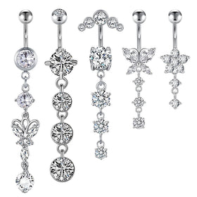 Set of 5 316L Surgical Steel Butterfly and Flower Navel Belly Button Rings Double Zircon Wedding Jewelry