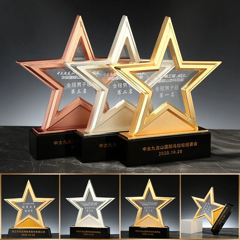 Professional Crystal Trophy Five-Pointed Star Laser Engraved Custom Logo Lettering Polished Technique DIY Free Printing