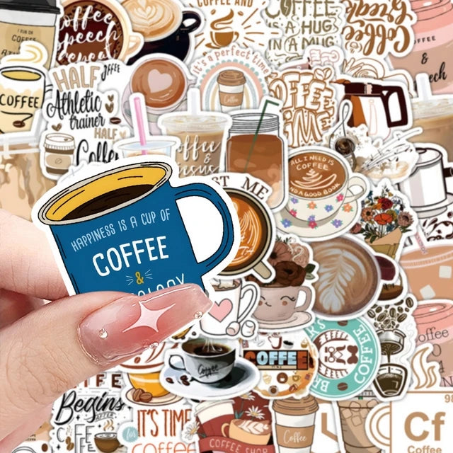 60pcs Cartoon Style Skateboard Coffee Theme Journal Decals Waterproof Vinyl Promotional Reward Luggage Decorative Stickers