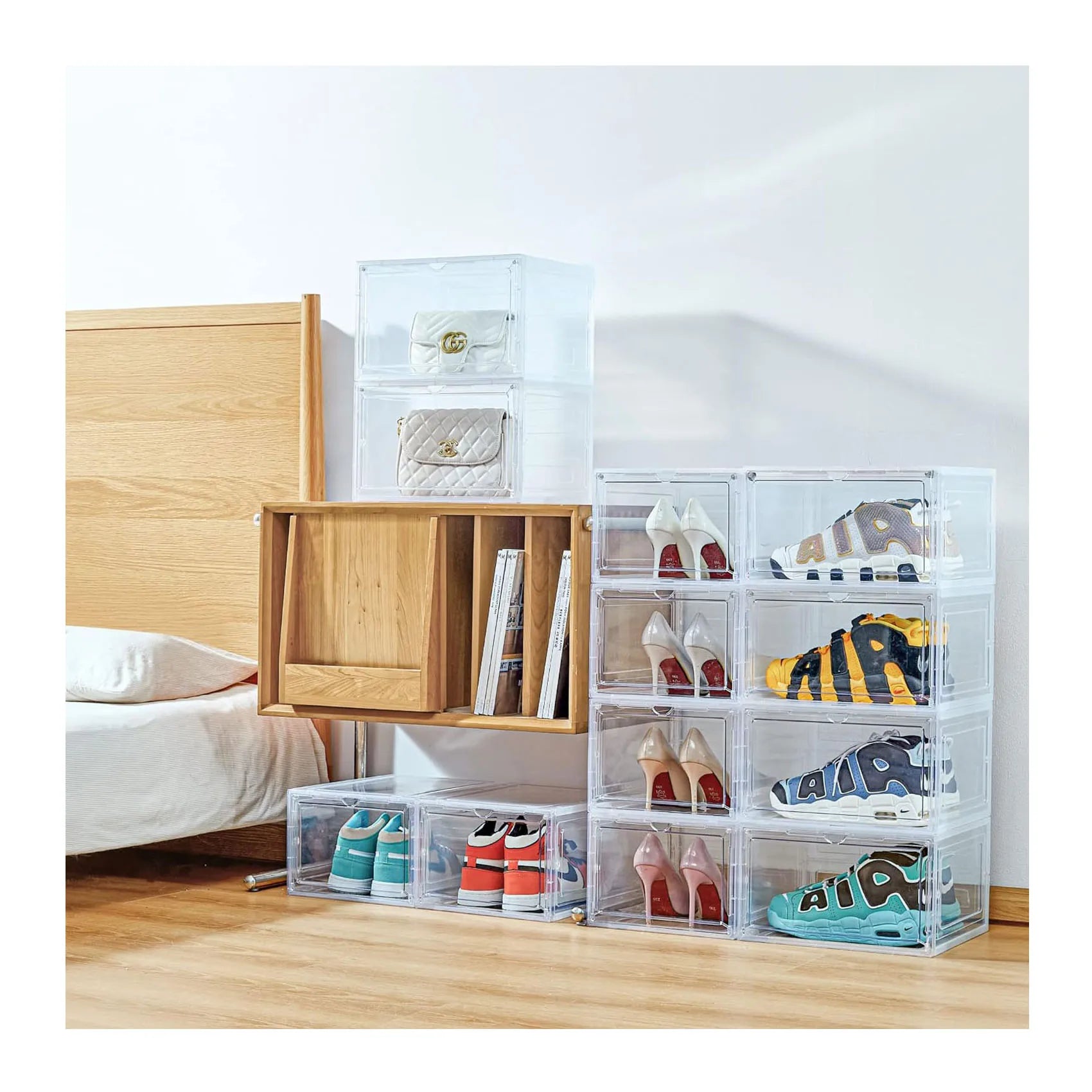Brown PP Plastic Eco-Friendly Injection-Molded Foldable Rectangle Shoe Box 14x10x4 XXL Side Open Save Space Home Storage