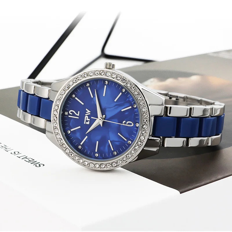 Wholesale Fashion Lady Business Quartz Watch Damen Uhr Blue Dial Anti-ceramic Band Wrist Watch Women