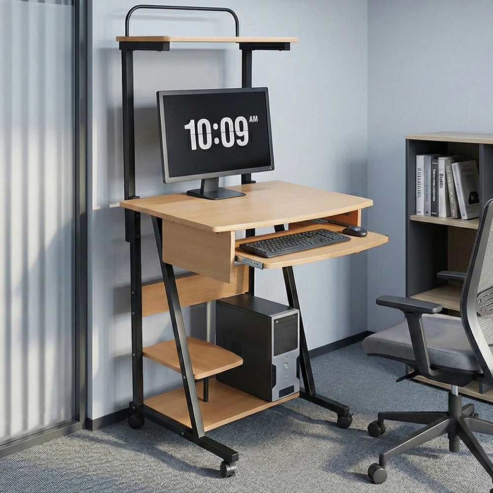 GUOGE Furniture PVC Home Office Computer Desk Movable Ergonomic Storage Desk Bookshelf Study Table Space Saving Office Desk