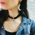 Gothic Velvet Chocker Collar Necklace Moon Crescent Pendant for Women Platinum Plated Zinc Alloy Silver Color Occult Dark Gift