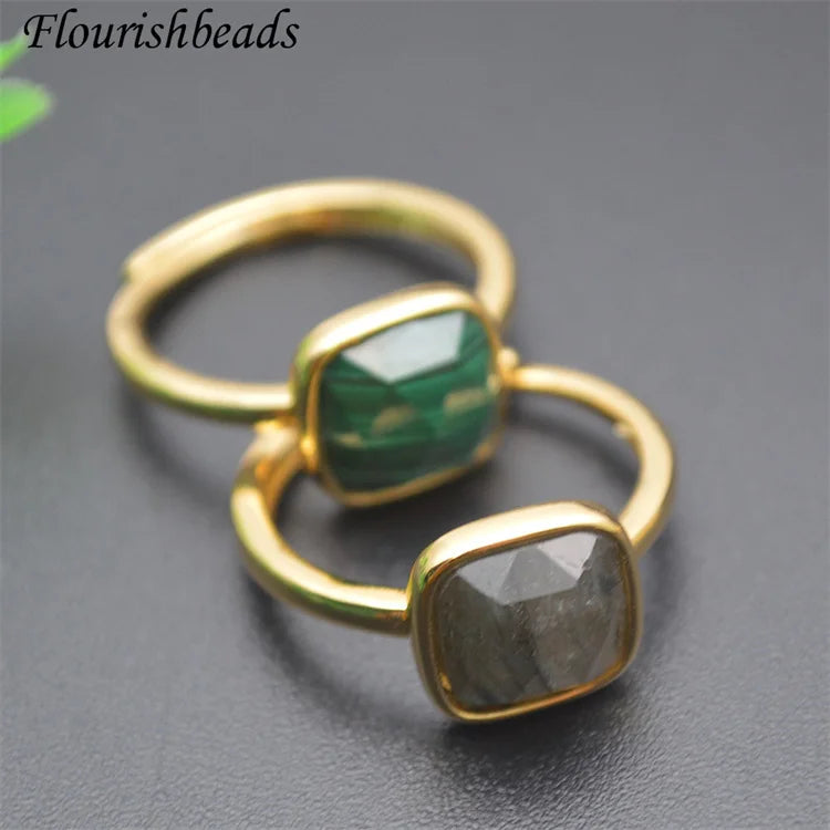 Fashion Woman Gold Plating Jewelry Healing Energy Natual Stone Malachite Labradorite Geometric Rectangle Gemstone Rings