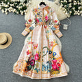 Style Long Dress Women French Vintage Lapel Lantern Sleeve Breasted Print Elegant Dress