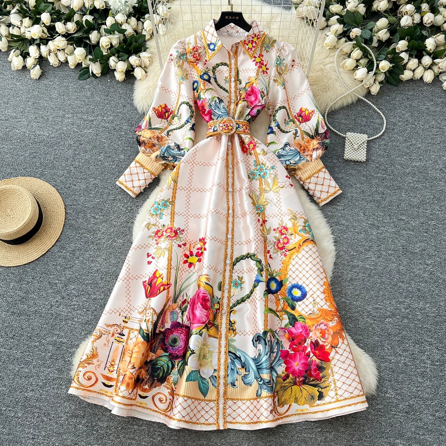 Style Long Dress Women French Vintage Lapel Lantern Sleeve Breasted Print Elegant Dress