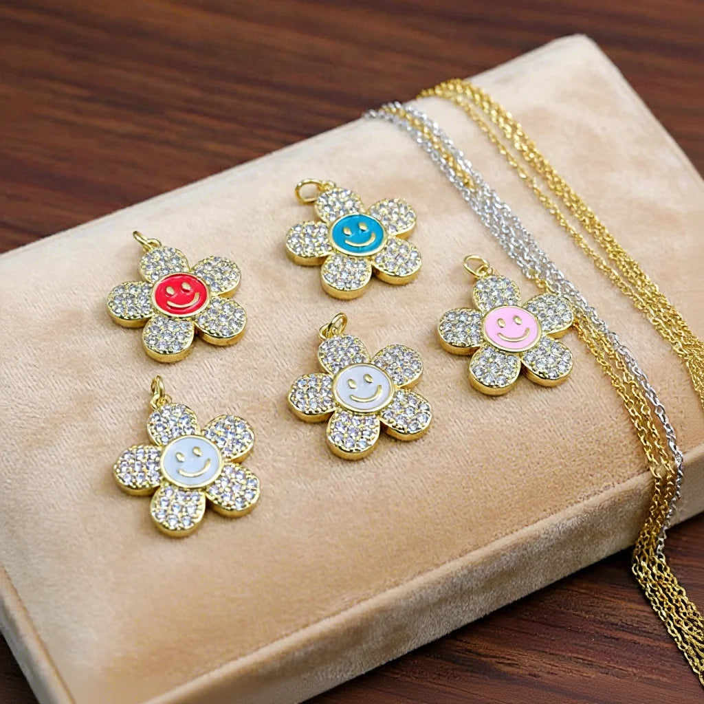 CZ8349 Jewelry Supplies Gold CZ Micro Pave Chrysanthemum Daisy Flower PendantsCZ Diamond Enamel Smile Floral Flower Charms