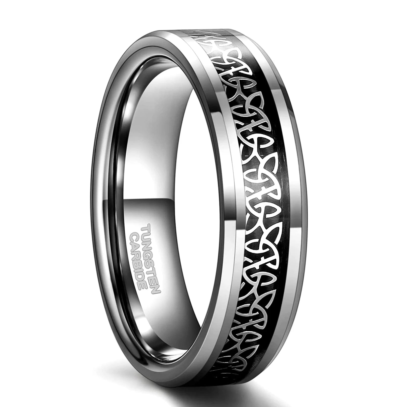OAHLAN 6mm 8mm Tungsten Carbide Rings Men Women Silver Beveled Edge Celtic Knot Rings Black Carbon Fiber Inlay Wedding Bands