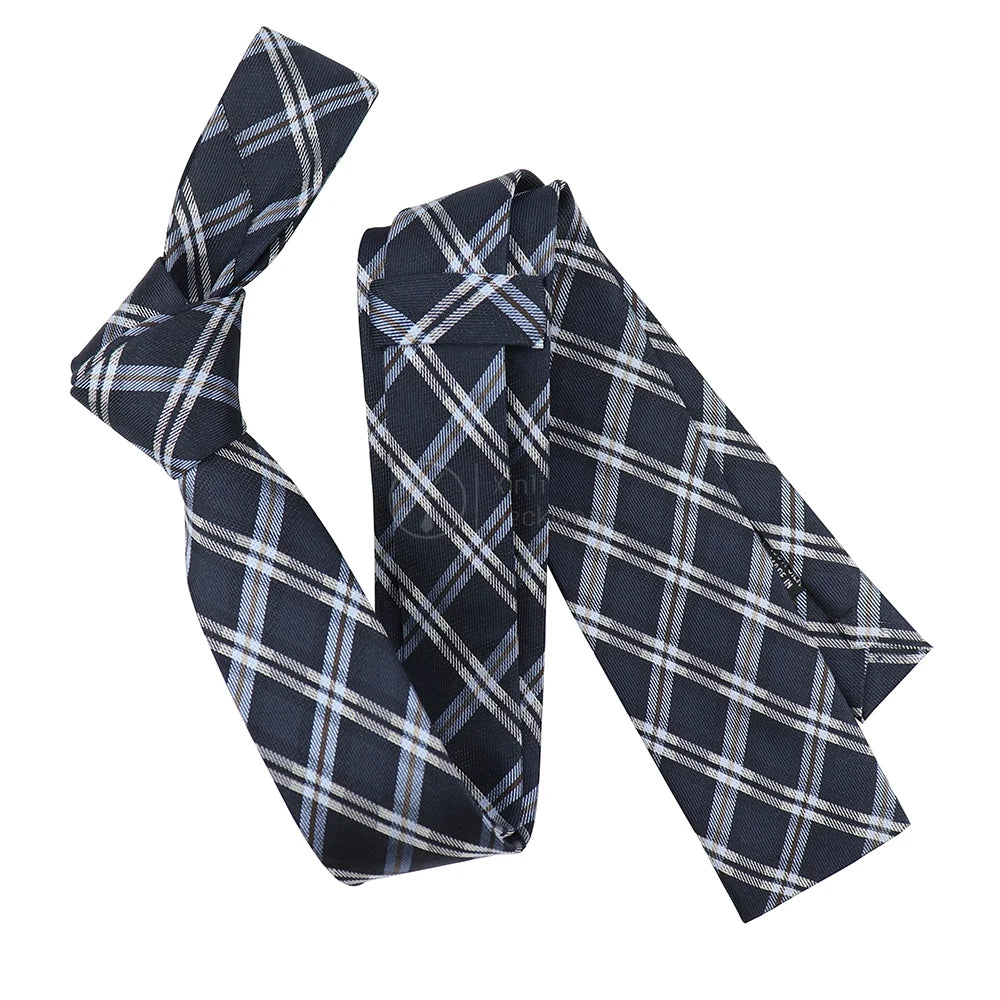 Mens Soie Jacquard Skinny Flat Tie Navy White Blue Woven Silk Ties Plaid Neckties for Men Customized