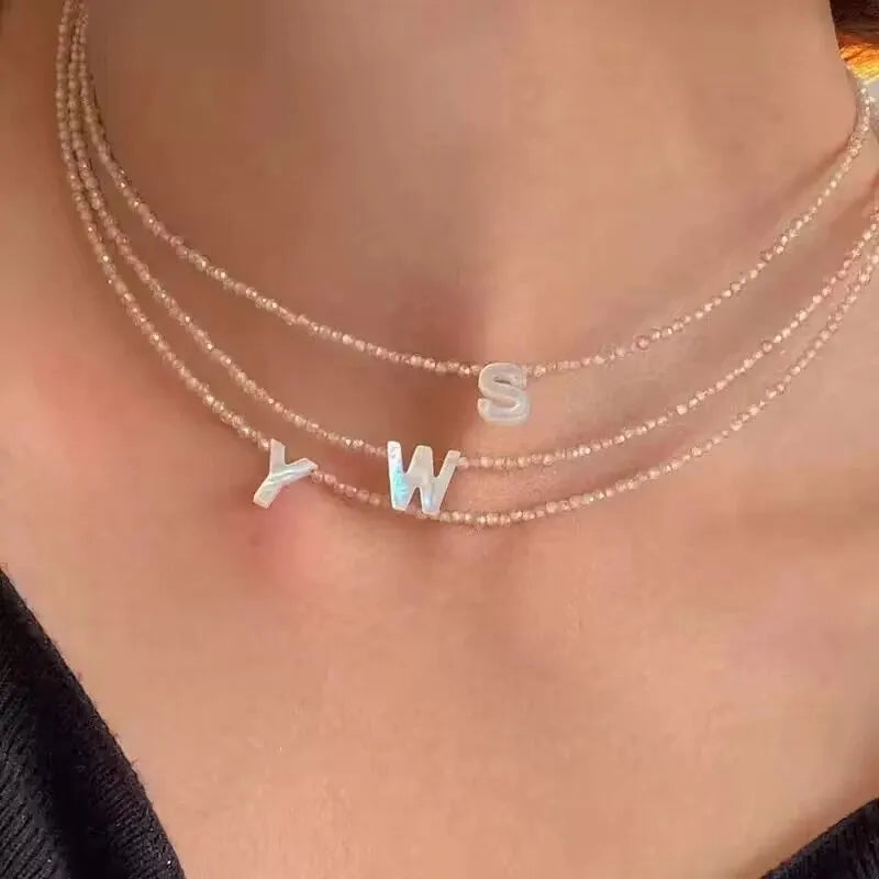 Faceted Crystal Choker Customizable Letter Charm Necklace with Shell Pearl Stainless Steel Chain Personalized Jewelry for Women