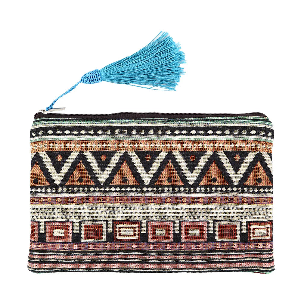OEM Ethnic Style Zipper Pouch with Tassel Logo Custom National Jacquard Weave Fabric Vintage Makeup Cosmetic Bag Gift for Women