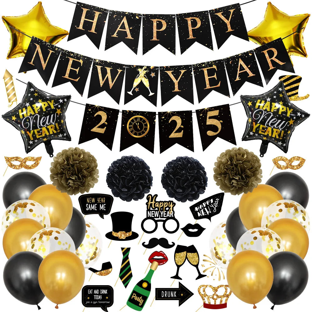 New Year 2025 Hanging Swirls Balloons Banner Photo Booth Party Supplies for Lunar New Year's Decor for Birthday Celebrations New