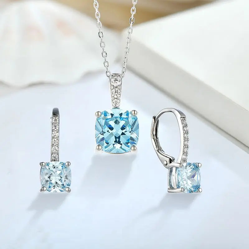 Party Jewelry for Women Real 925 Sterling Silver Princess Cut London Blue Topaz Solitaire Earrings Necklace Jewelry Set