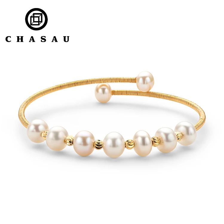 New Arrival Trendy 14k Gold Filled 7mm to 8mm Freshwater Pearl Open Bangles Bracelet for Women