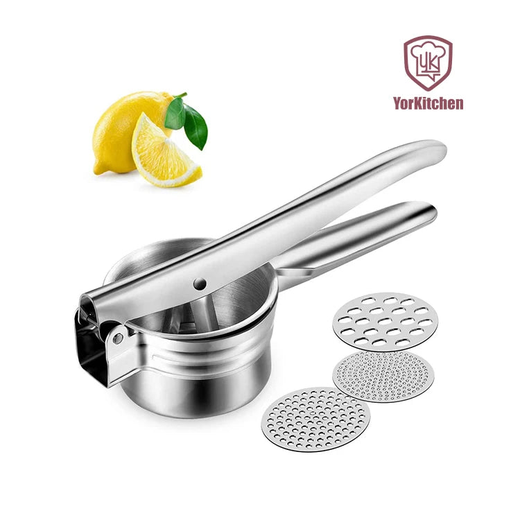 Stainless Steel Potato Ricer Masher with 3 Interchangeable Metal Discs for Fine Crushing