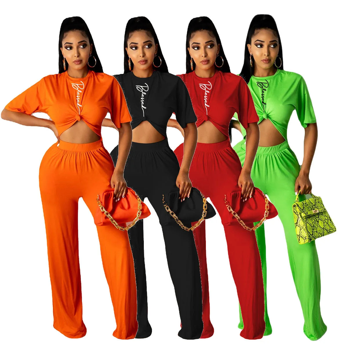 10%OFF S-3XL Summer Women Solid Two Pieces Sets Short Sleeve Round Neck T-shirts Tops Elastic Waist Loose Wide Leg Pants Sports