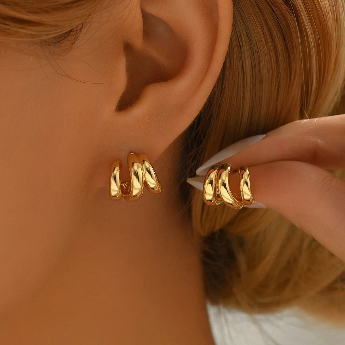 Vintage Classic Brass Hoop Stud Earrings with Geometric Design High Polish Bezel Great Wedding Anniversary Party Gift Idea