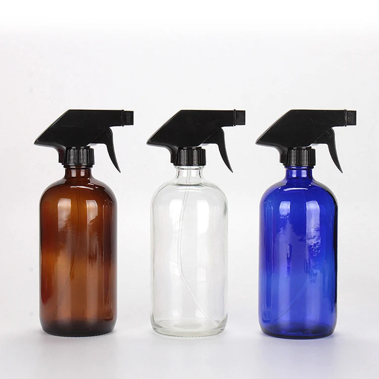 Glass Spray Bottle 500ml Lotion Pump Head Empty Transparent Green Blue Hair Oil Boston Round Shape with Trigger Sprayer Caps