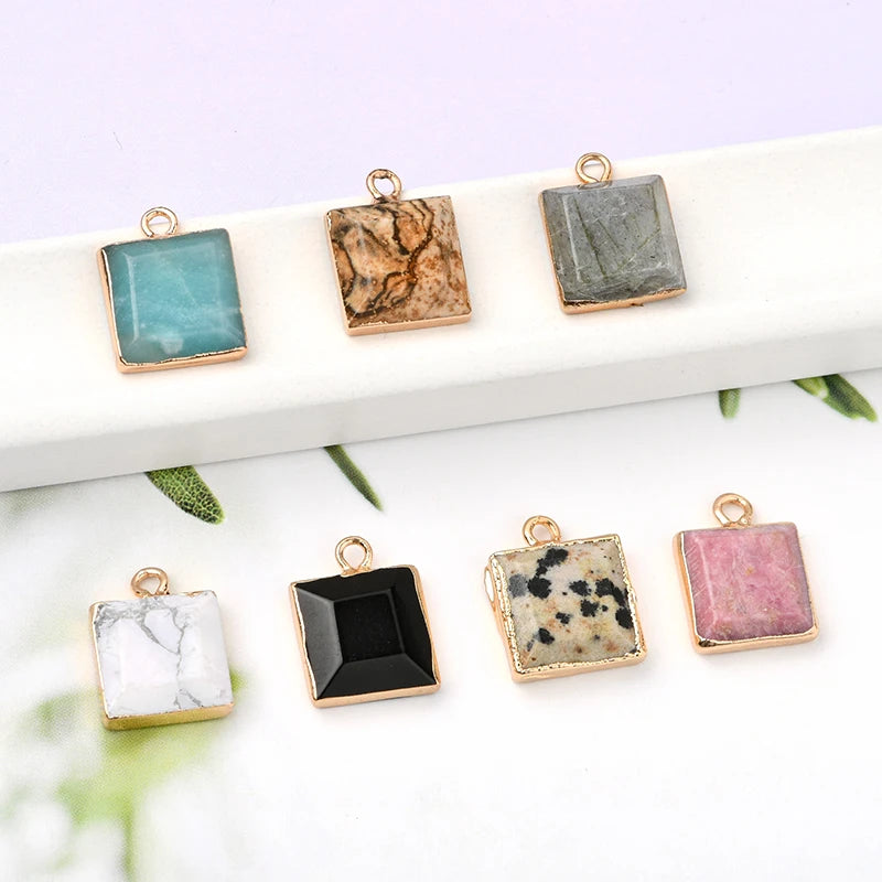 Faceted Square Crystal Stone Bead Natural Crystals Bezel Charm Bead for Diy Jewelry