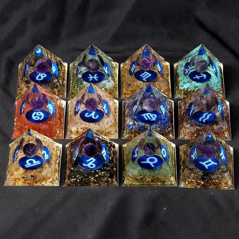 Wholesale Crystal Energy Orgonite Pyramid 12 Constellations Orgone Pyramids Healing Stone Crafts and Crystals