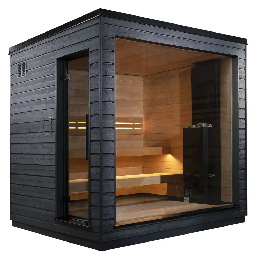 Black Stained Hemlock Solid Square Sauna Cabin Full Panoramic Front Glass Wall Built-in Wooden Benches Backyard Resort Dry Steam