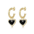 IVIAPRO New Arrival Fashion Jewelry 18K Gold Plated Black Agate Heart Pendant Hoop Earrings for Women