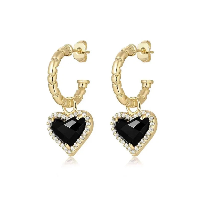 IVIAPRO New Arrival Fashion Jewelry 18K Gold Plated Black Agate Heart Pendant Hoop Earrings for Women