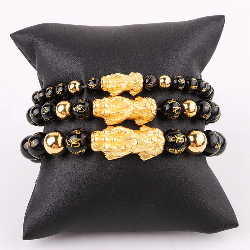 High Quality Feng Shui Bracelet Brass Pixiu Charm Buddhism Agate Beads Elastic Fengshui Bracelet Women Men