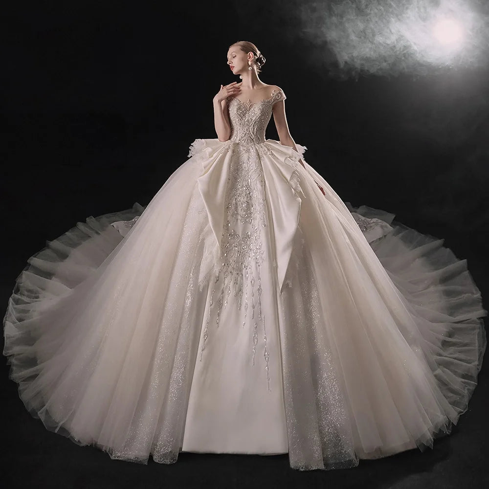 Jancember LSMX057 Elegant Sequins Beaded Short Sleeve Bridal Party Women's Wedding Dresses