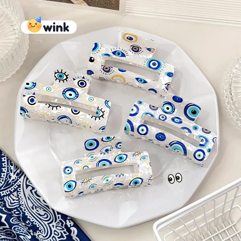 Yi YHJ Women's Hair Accessories Custom 8cm Blue Eyes Patterns PVC Print Hair Clips Shark Clip Hair Claw Clip for Woman Wholesale