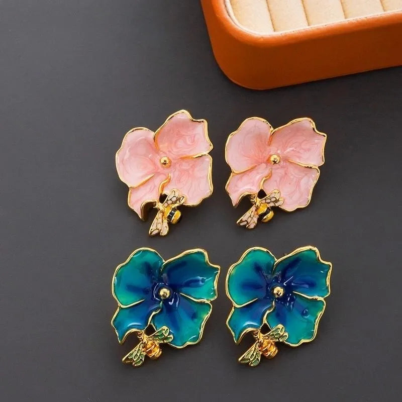 French Vintage Hand Painted Brass Enamel Earring Feminine High Grade Color Flower Stud Earrings