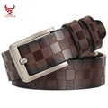 Custom Logo Luxury Men Waist Belt Cowhide Leather Plaid Pattern Boys Jeans Brand Genuine Leather Belt for Men
