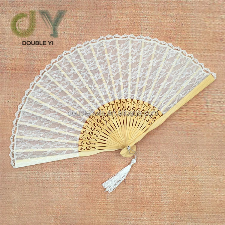 Wholesale Retro Ladies Folding Bamboo Fan Double Layer Lace Classical Promotion Wedding Party Gift Fan with Tassel