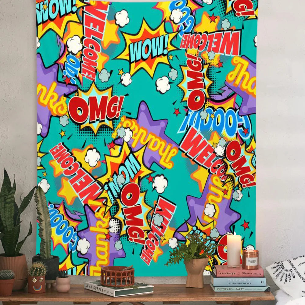 Cartoon 3D Graffiti Tapestry Wall Hanging for Kids Bedspread Dorm Cover Beach Towel