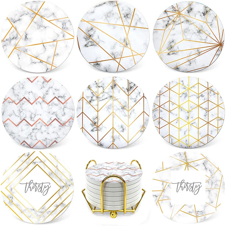 Elegant Gold Line Marble Hard Dolomite Coasters Eco-Friendly Round 10cm Absorbent Cup Holder Modern Design