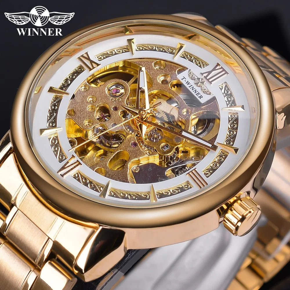 WINNER Brand Luxury Gold Watch for Men Automatic Mechanical Skeleton Watches Mens Stainless Steel Strap Business Wristwatch Male