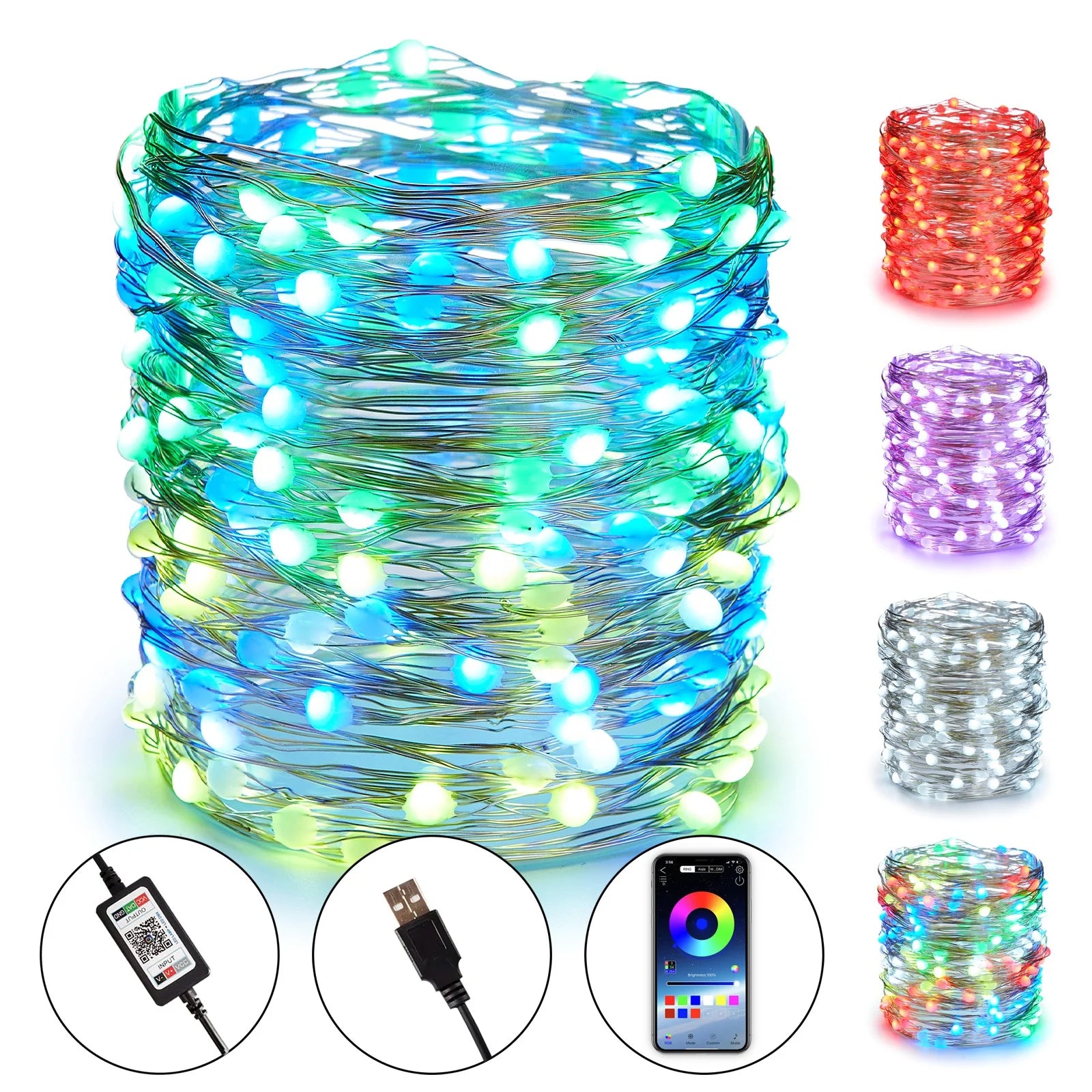 Smart RGB Fairy String Light 32.8ft 100LED Indoor/Outdoor Waterproof USB Charge Color Changing Music Copper Wire String Lights