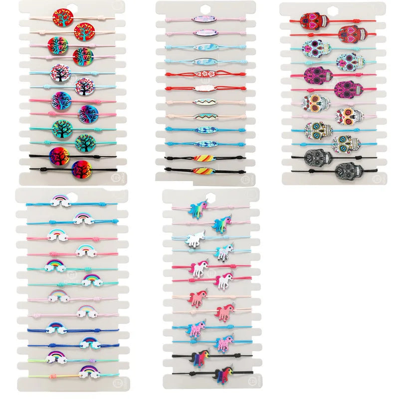 BSCI Factory Bohemian Unisex Elastic Cord Knot Handmade Printed Life Tree Unicorn Skull Charm Bracelet