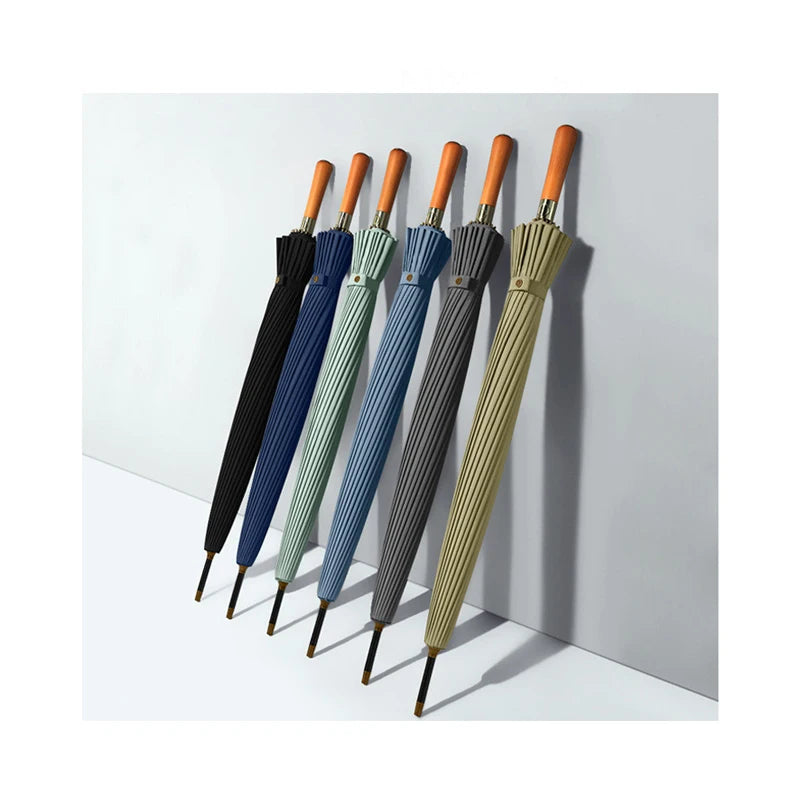 24K 6 Color Automatic Open Long Hand Straight Umbrellas Non Folding Wooden Handle Straight Umbrella for Rain Day
