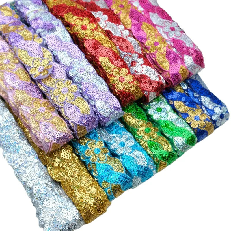 Cheap Lace Fabric 4cm Diy Garment Accessory Flower Mesh Organza Lace for Costume Dancewear Glitter Sequined Trims Sewing Fabric
