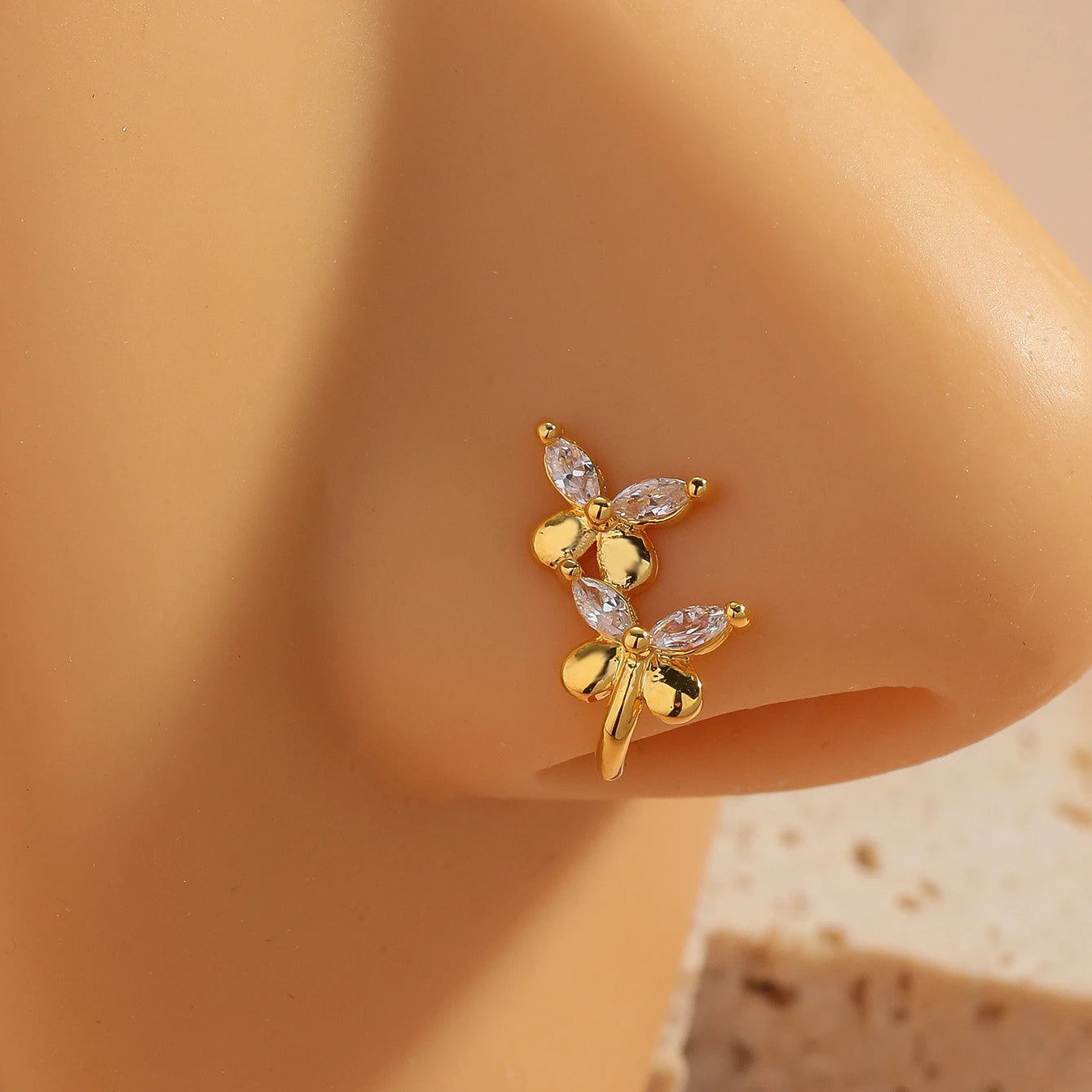 Hot Creative Gold Plated Butterfly U-Shaped Nose Ring Non-Piercing Brass with Copper Insert and Zircon Ornaments for Gift