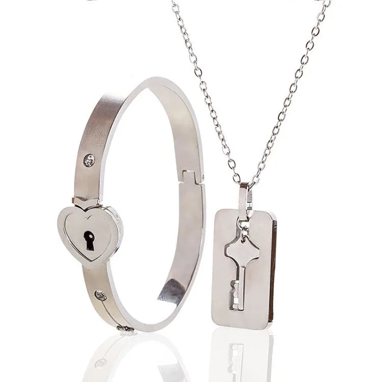 C069 Fashion Jewelry Valentine's Day Gift Stainless Steel Concentric Lock Love Bangles Key Necklace Couple Jewelry Set