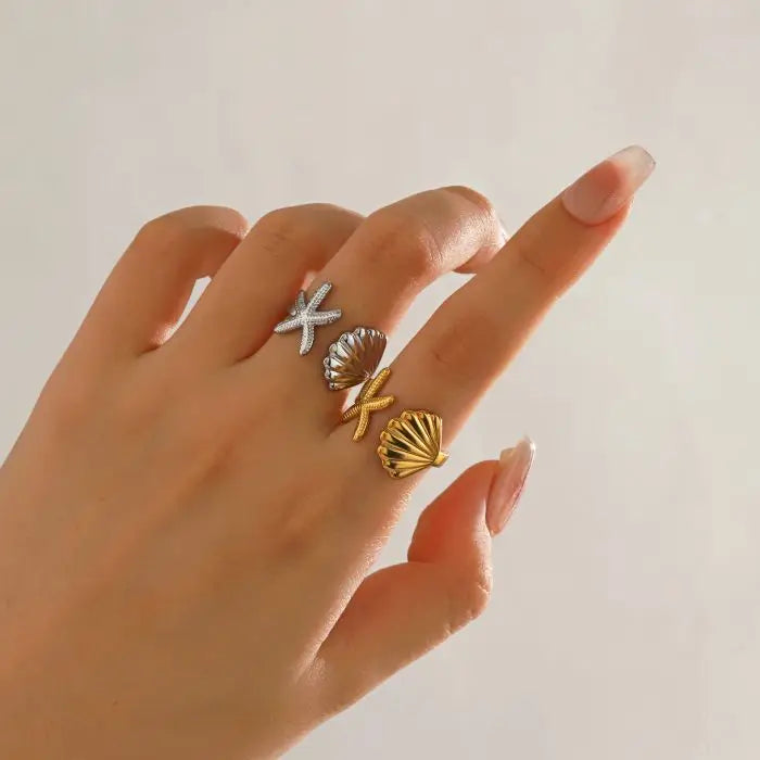 New Gold Plated Stainless Steel Open Adjustable Starfish Shell Ring for Women Jewelry