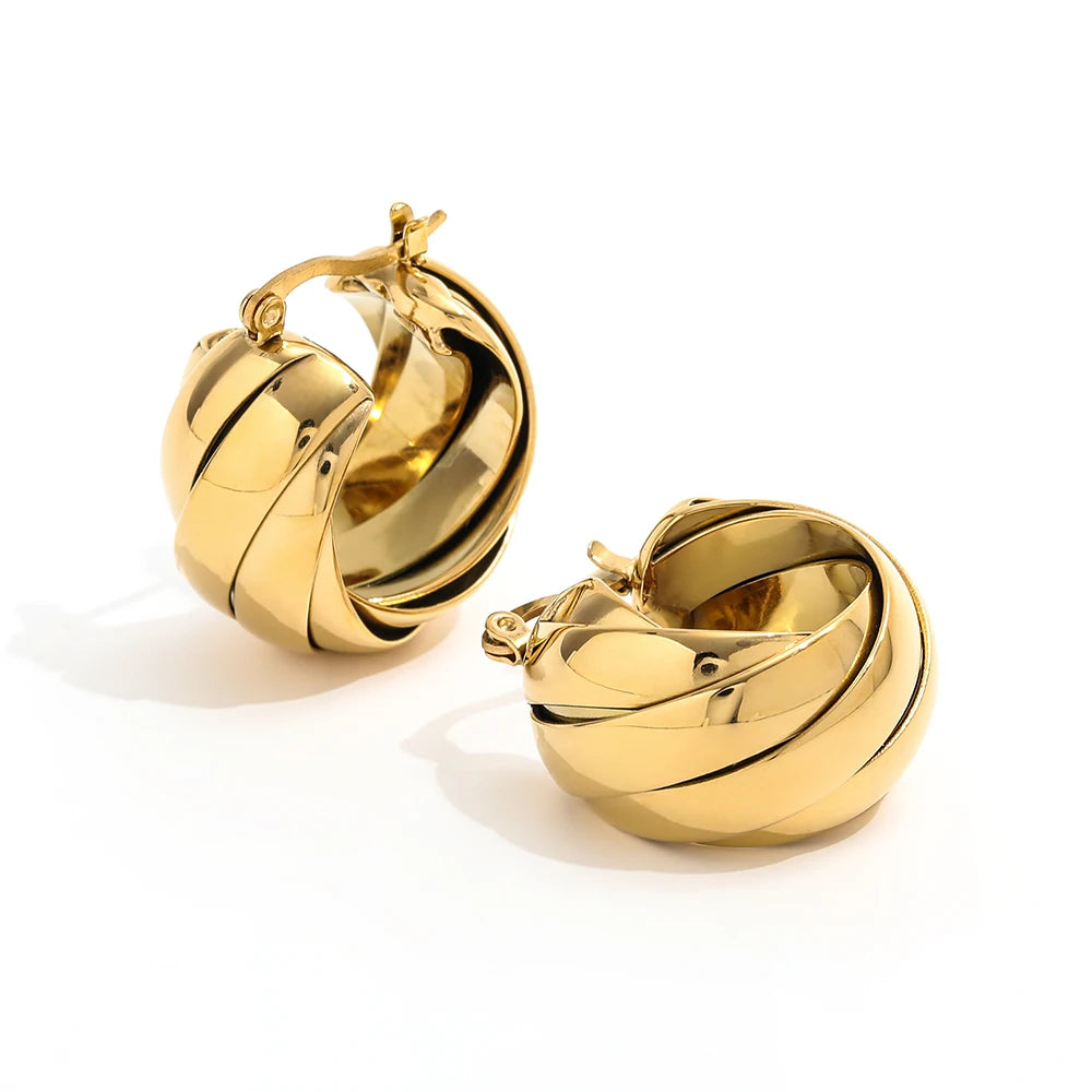 New Trendy 18K Gold Plated Stainless Steel Earrings Twist Knit Multi-Layer Hoop Geometric Shape for Anniversary