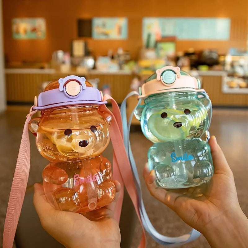 Popular Cartoon Bear Shaped Straw Water Bottle 1000ML Drinking Cup for Kids Portable Summer Outdoor Sports School Travel