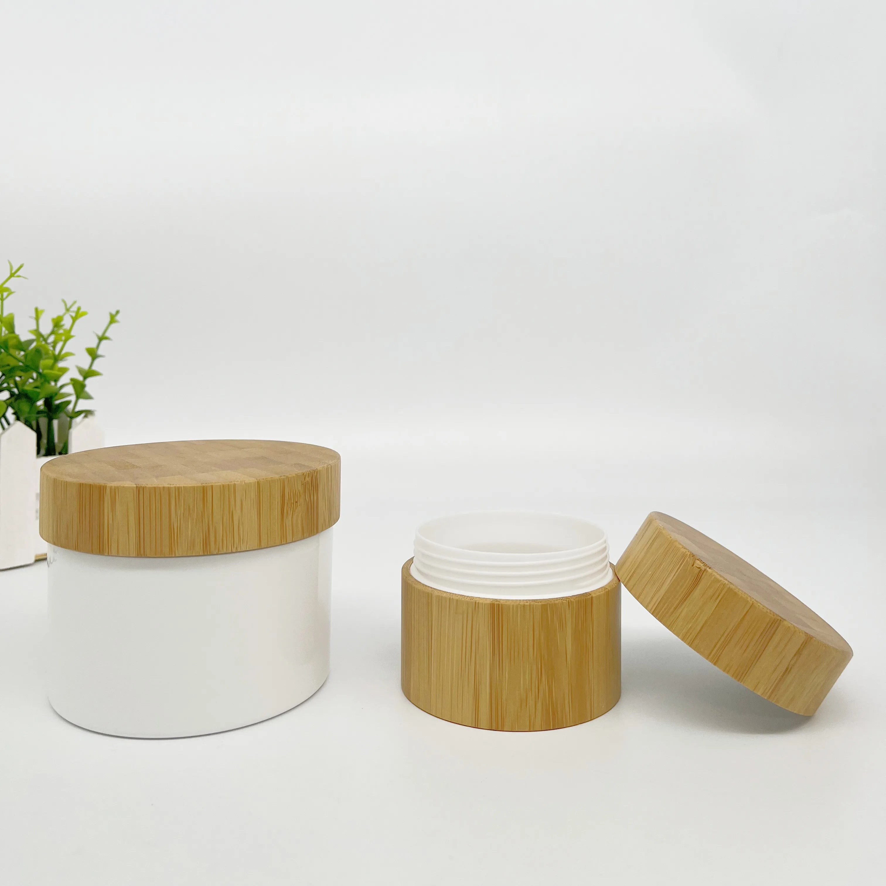 30g 50g Bamboo Cosmetic Packaging Custom30ml 50ml 100ml 150ml 200ml  White PE Jar with Bamboo Lid Cream Wood Cosmetic Container