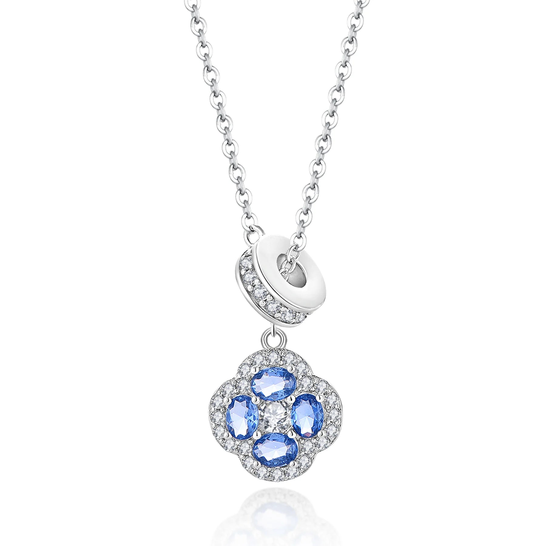 QX CUSTOM OEM Fine Jewelry Blue Zircon 925 Sterling Silver Four Leaf Clover Flower Romantic Pendant Women Necklaces