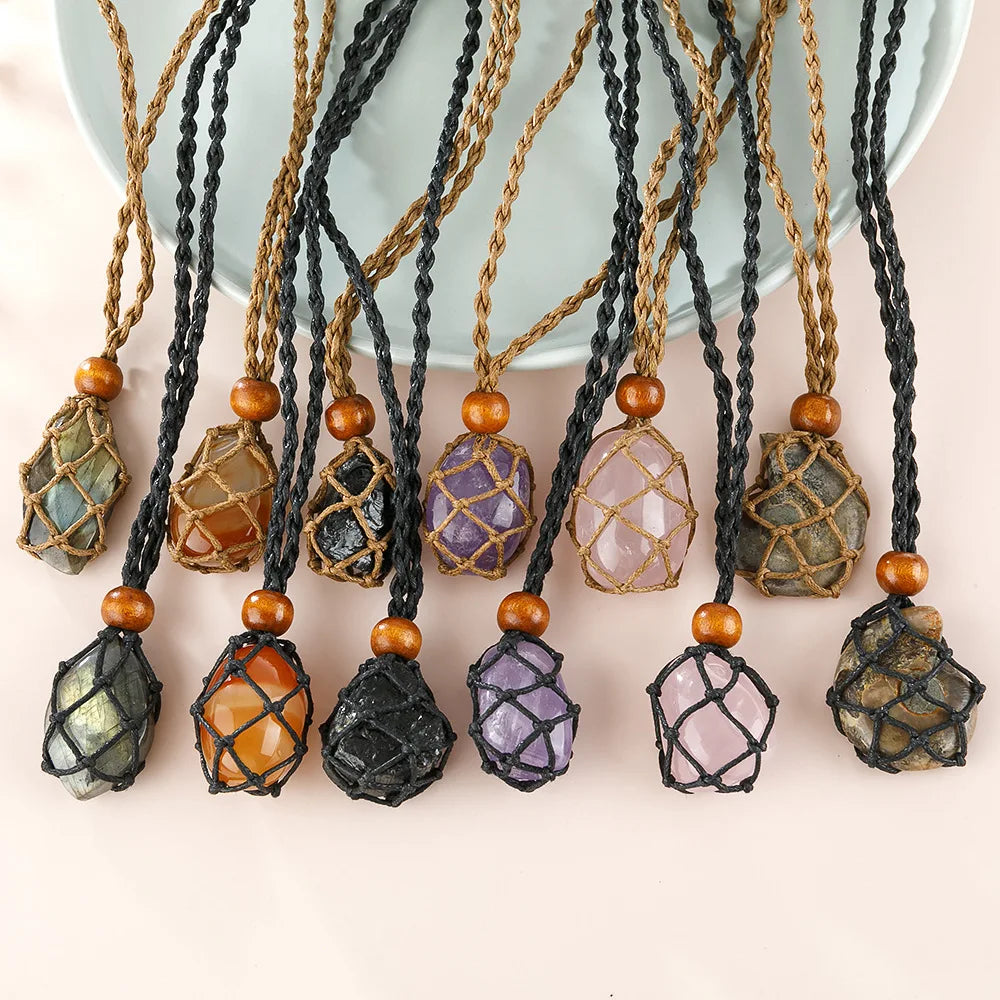 Personality Natural Stone Necklace Jewelry Natural Stone Agate Braided Wax Rope Net Bag Pendant Creative Stone Necklaces